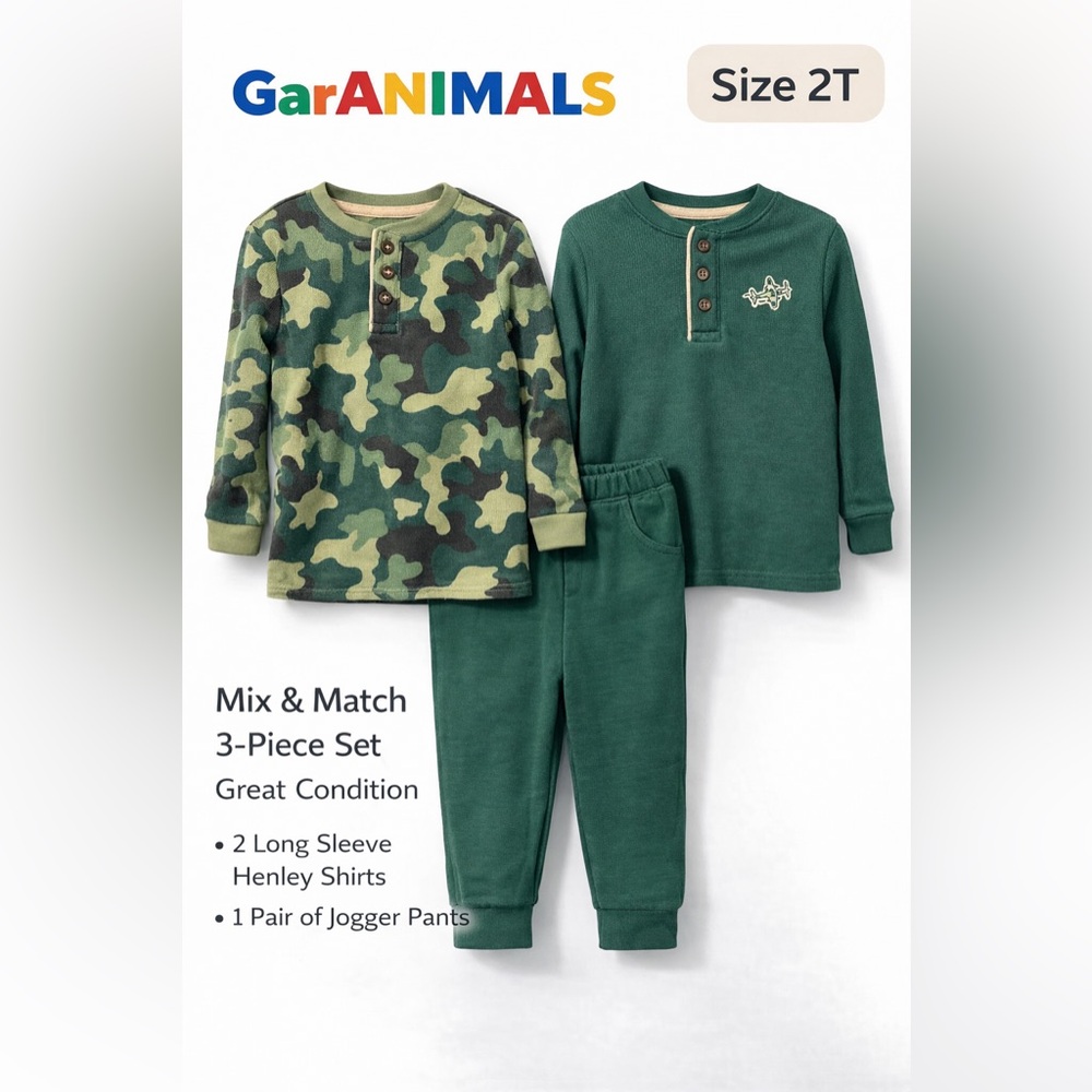 DONATED: GarANIMALS 3-Piece Toddler Outfit | Camo + Airplane Henley Tops & Pants